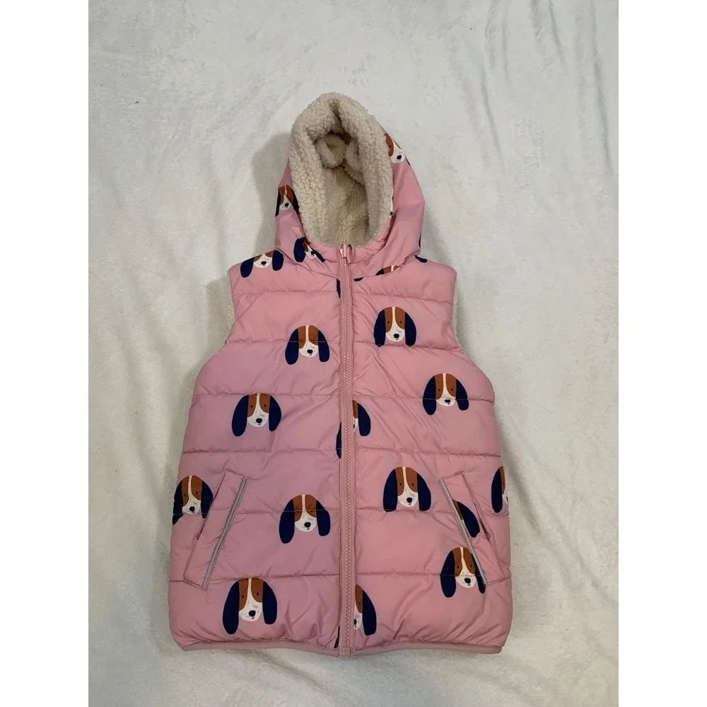 Mini Boden Reversible Puffer Vest Girls 6-7Y Pink Beagle‎ Dog Sherpa Fleece Hood